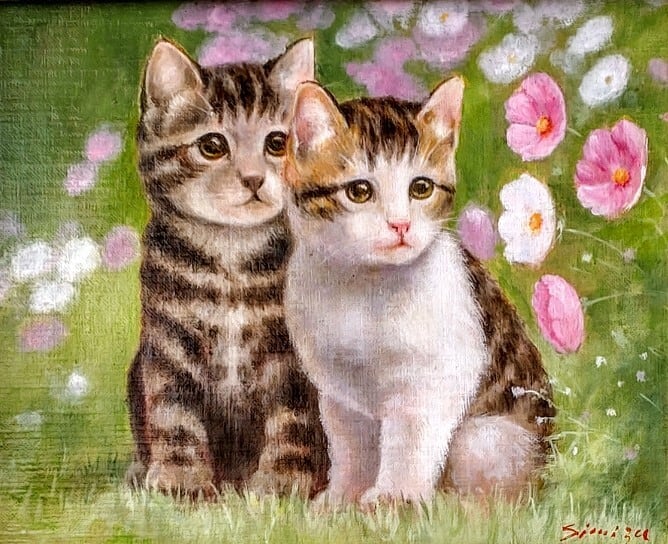 油絵 菅家令子 絵 絵画インテリア額付(銀) F3-030919 子猫子犬女の子