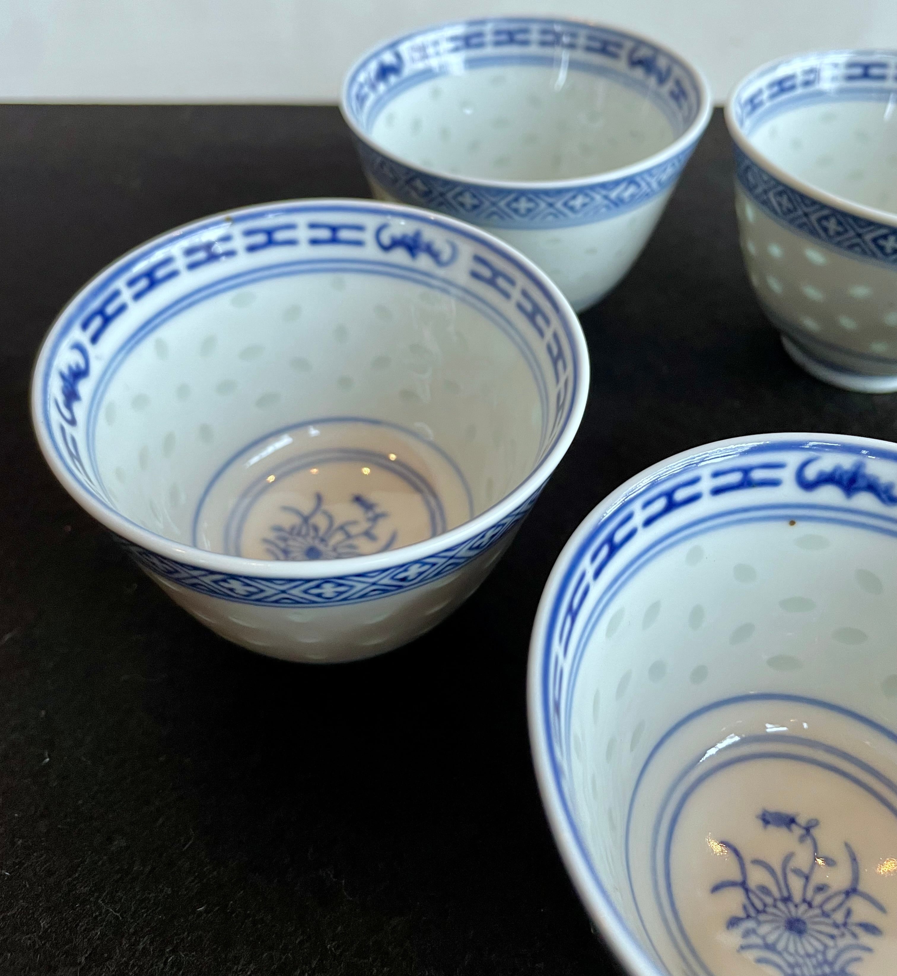 China Vintage 景徳鎮 中国 茶器 青花 玲瓏 湯呑 5客揃 ホタル 蛍焼