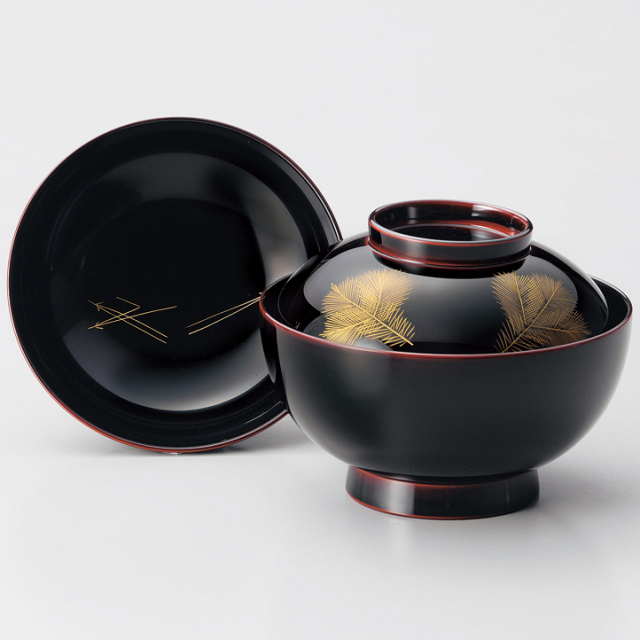 雑煮椀 朱/溜 沈金若松 漆塗り 12-01203/01204 漆器の井助