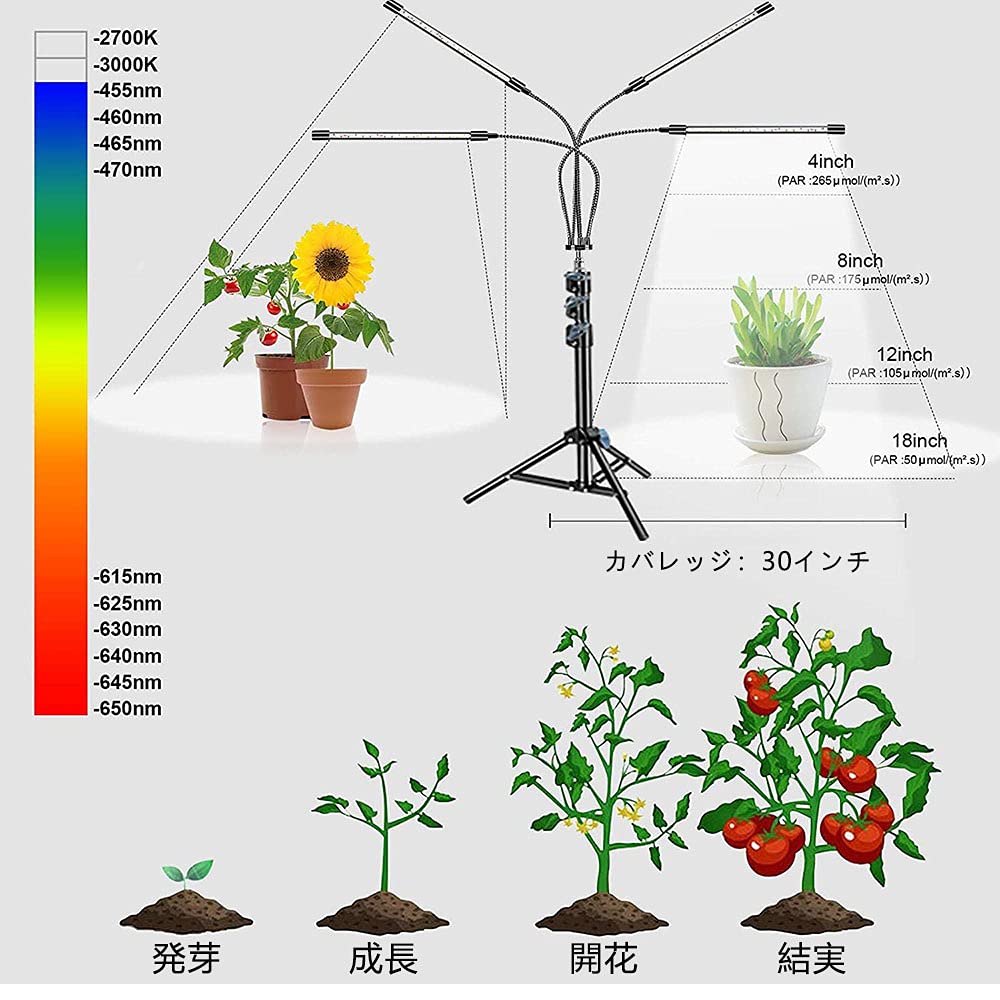 Amazon.co.jp: LED植物育成ライト、スタンド付き4ヘッドプラントライト